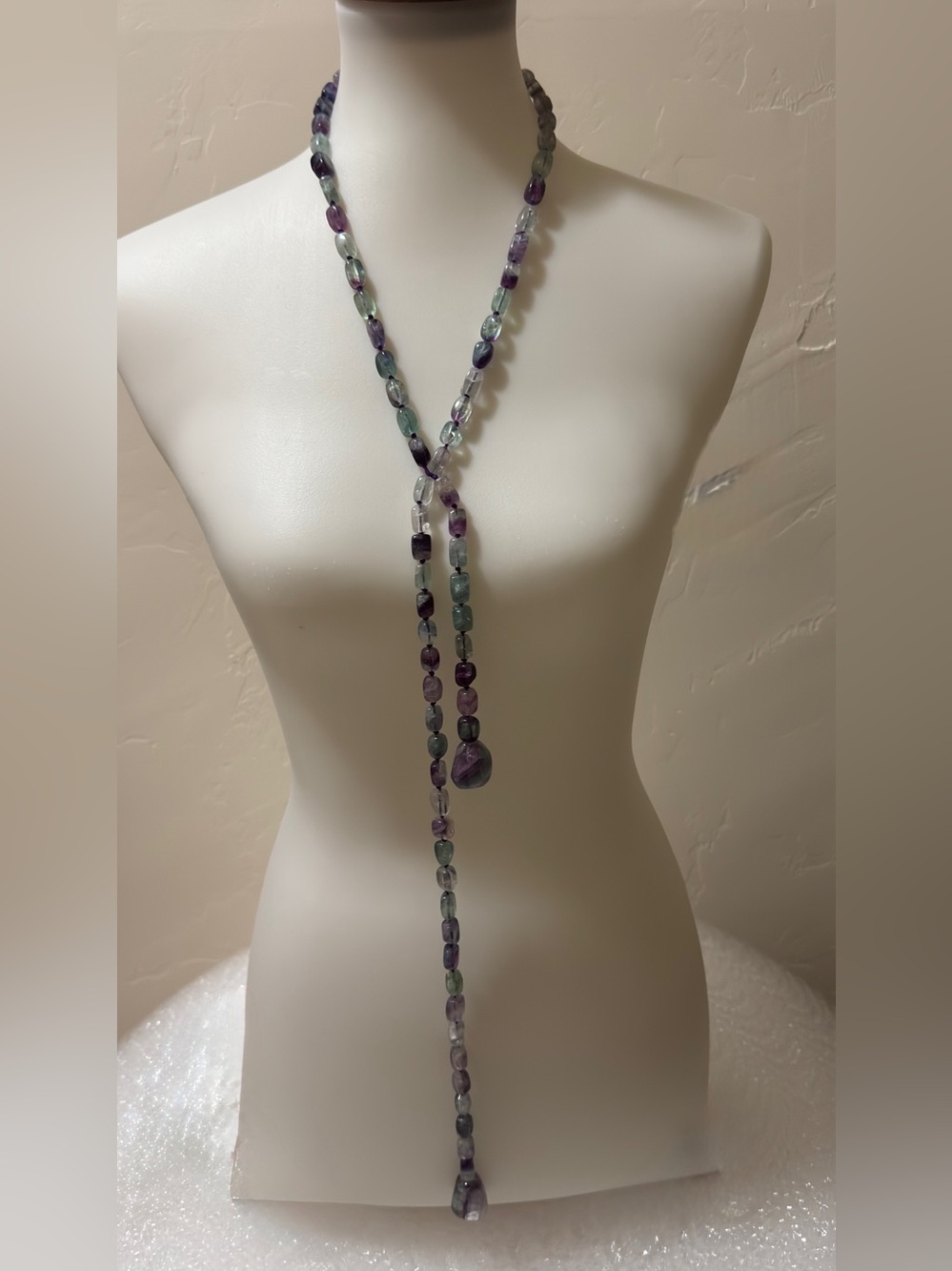 Natural Rainbow Fluorite Lariat Necklace Handknotted Convertible Gemstone Strand